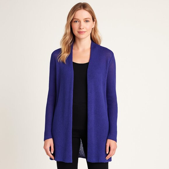Eileen Fisher Open Front Lightweight Long Sleeve Linen Cardigan Purple Knit L - Picture 1 of 13